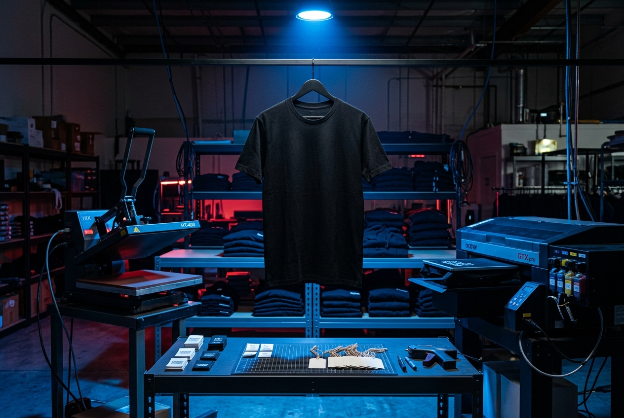 Central print station with a black t-shirt
