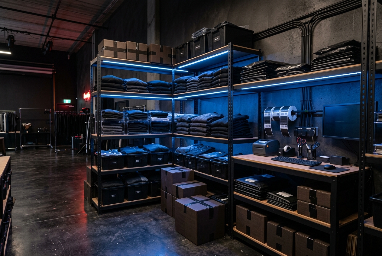 Fulfilment area with shelving and packed orders